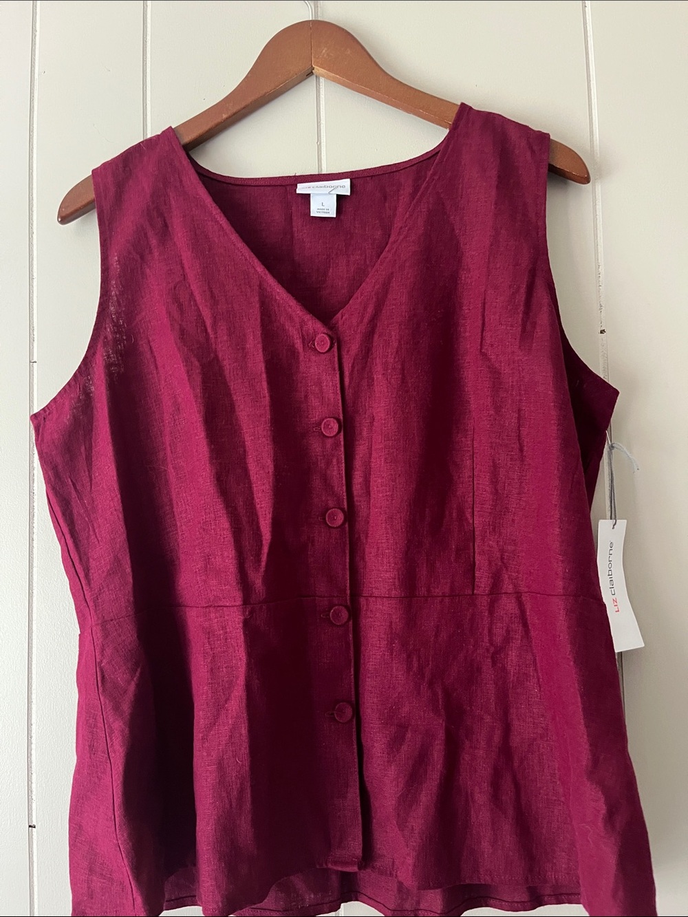 Liz Claiborne Sleeveless Button-Front Linen Top - Berry